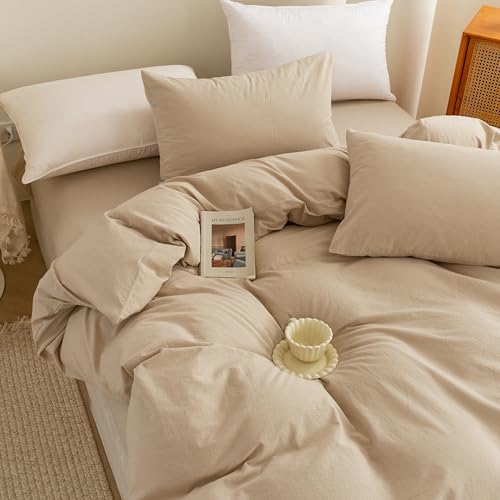 Image of ECOCOTT Duvet Cover Queen Size, 100% Washed Cotton 1 Duvet Cover with Zipper and 2 Pillowcases, Ultra Soft and Easy Care Breathable Cozy Simple Style Bedding Set(Queen, Khaki)