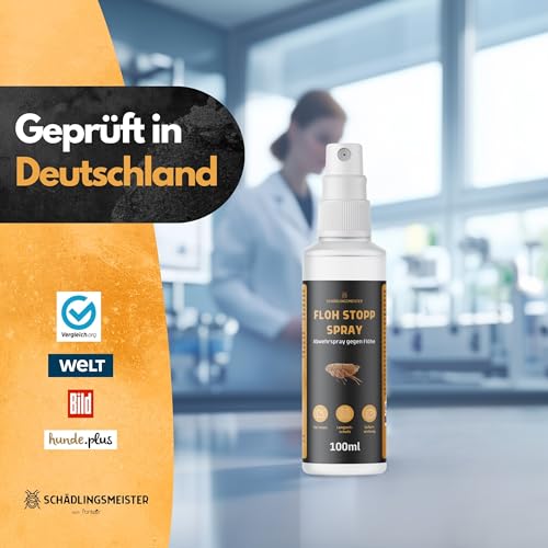Floh Stopp Spray – 100 ml – Hoch konzentriert – Flohspray für Wohnung und Möbel – LANGZEITWIRKUNG – Für Innen & Textilien – Anti Flohspray – Flohabwehr - Flöhe bekämpfen - Floh Spray