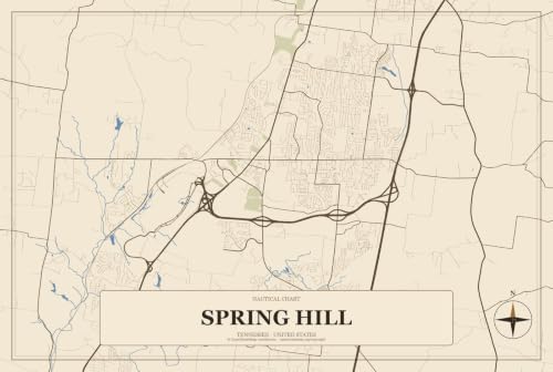 Spring Hill Tennessee Street Map Aluminum Sign, Heritage Nautical, 18" x 12"