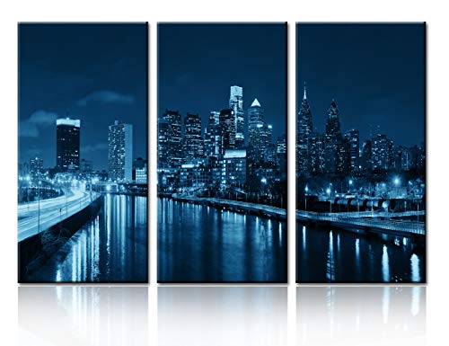 TUMOVO USA City Skyline Canvas Wall Art for Living Room- Night View of The Philadelphia Skyline in Pennsylvania- Gallery Wrap Modern Home Decor | Ready to Hang (28‘’ x 14‘’ x 3 Panels)