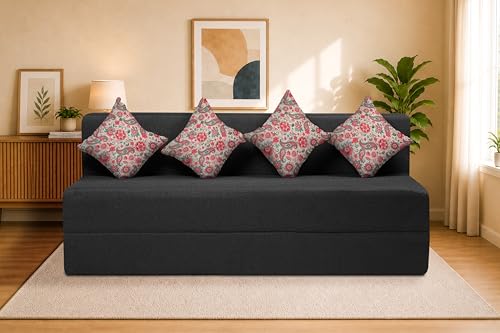 Image of Four Seater Sofa Cum Bed Jute Fabric 6 X 6 Ft| Space Saving Foldable Sofa Bed for Living Room & Guest Room | Comfortable Multi-Functional Furniture - Black