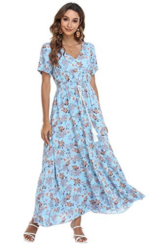 Image of VintageClothing Women's Floral Maxi Dresses Boho Button Up Split Summer Casual Long Dress Beach Party Dress