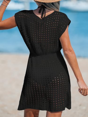 CUPSHE Womens Crochet Swimsuit Coverup Short Sleeve V Neck Mesh Mini Dress Split Casual Knit Beach Cover Ups2