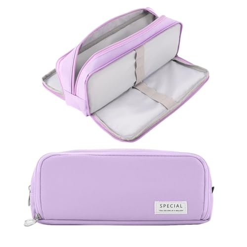 Image of Canvas Large Capacity Pencil Box for Girls & Boys, 3 Compartments Pen & Pencil Pouches, Aesthetic Stationery Pouch for School Kids College Students (Metal Large Purple)