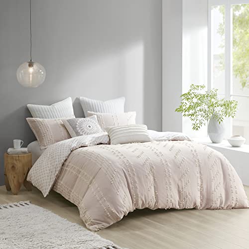 Image of INK+IVY 100% Cotton Comforter Set Trendy Stripe Textured Design, Modern Down Alternative, All Season Cozy Bedding with Matching Shams, Full /Queen, Blush Reversible Stripes