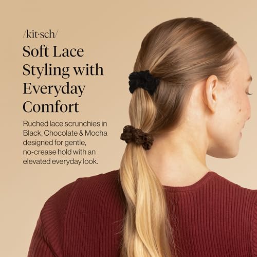 Image of Kitsch Ruched Lace Scrunchies For Women - No Crease, Gentle Hold, Frizz-Free Hair Scrunchies | Soft Lace Hair Accessories for All Hair Types - Black, Chocolate & Mocha, 5pc Set