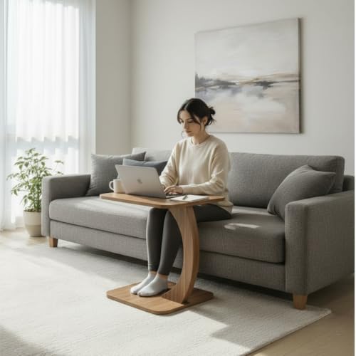 Image of C Shaped Wooden Sofa Side Table for Living Room | Multipurpose Laptop Table for Couch Bed & Recliner | Space Saving Portable End Table | Modern Furniture for Home & Office Use-NB