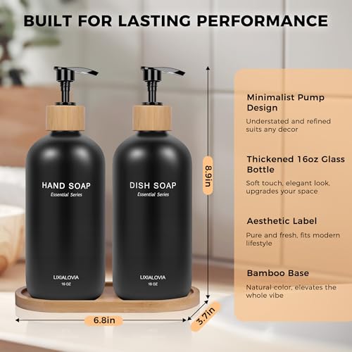 Dish and Hand Soap Dispenser Set with Tray, 16OZ Refillable Glass Bottles and Wood Pump, Double Bottle Countertop Organizer for Kitchen and Bathroom (Black) — view 5