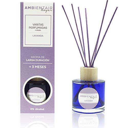 Ambientair Hogar. Difusor de varillas perfumadas. Ambientador Mikado Lavanda. Difusor 100 ml con palitos de rat�n. Ambientador sin alcohol para casa.