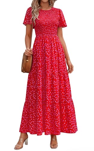 Image of PRETTYGARDEN Women's 2026 Summer Casual Flutter Short Sleeve Boho Floral Maxi Dress Crew Neck Smocked Tiered Long Dresses