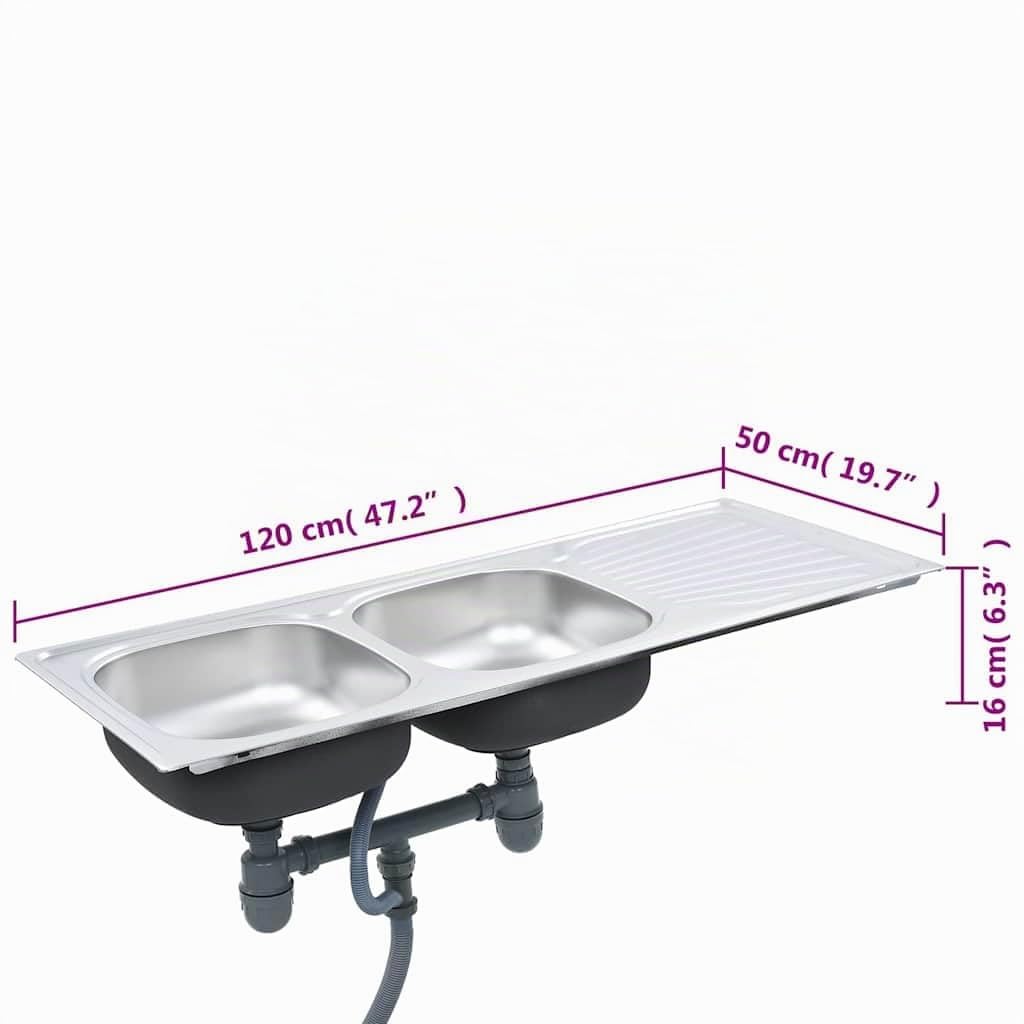 vidaXL Fregadero de Doble Seno con Colador y Sifón Pila Lavabo Alberca Comedor Cocina Servicio Grifo Lavar Olla Platos Integrado Acero Inoxidable