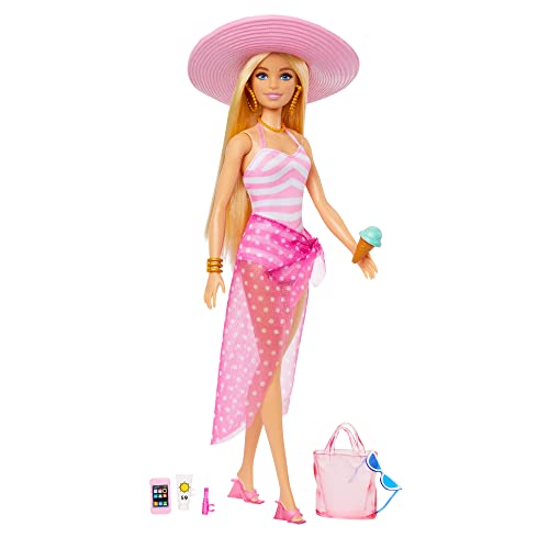 Barbie Plage Poupée Mannequin Blonde avec Maillot De Bain Rose Et Blanc, Chapeau, Sac De Plage Et Accessoires pour La Plage Jouet Enfant, Dès 3 Ans, HPL73 – Image 6