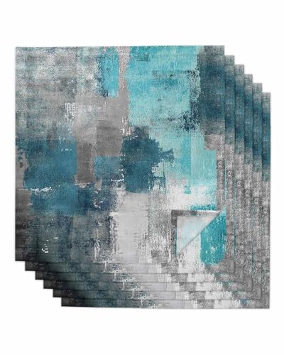 Turquoise Gray Cloth Napkins Set of 6, Geometric Teal and Grey Cocktail Napkins 20 x 20 Inch, Abstract Art Oil Painting Washable Reusable Dinner Table Napkins for Farmhouse Wedding Holiday Party