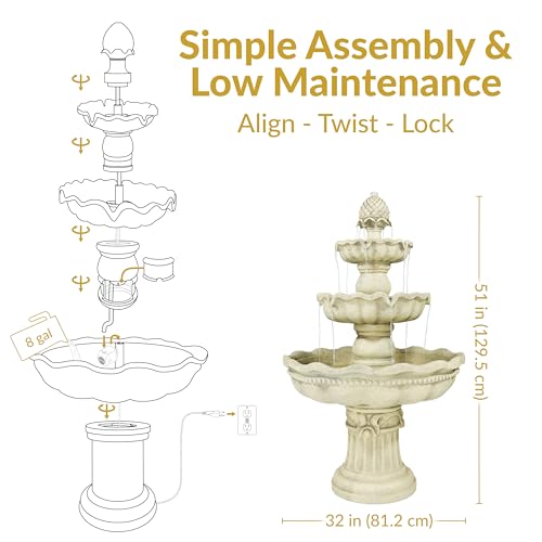 Sunnydaze 51-Inch Electric Water Fountain - Outdoor Water Feature - 3-Tier Outdoor Fountain with Pineapple Top - White