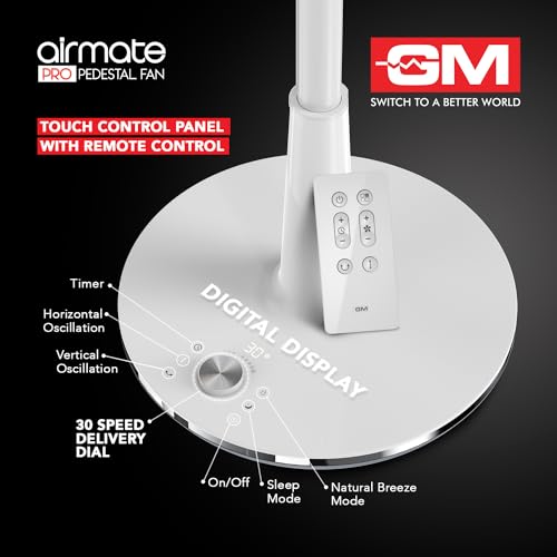 Image of GM Airmate Pro Pedestal Fan with Remote | White| 230mm Sweep | BLDC Motor | 3D Oscillation | 30-Speed Control | Silent Operation | Timer | Adjustable Height | Powerful Cooling Fan