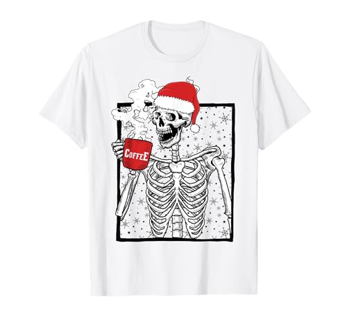 Funny Christmas Skeleton Drinking Coffee Smiling Skull Camiseta