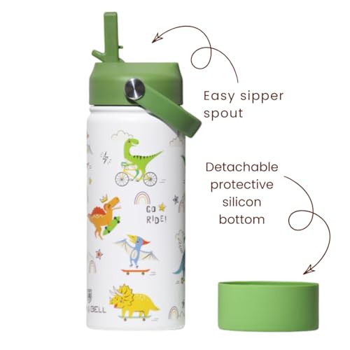 Image of TOM & BELL Insulated Water Bottle for Kids 500ml,Double Wall Water Bottle for School, Sipper Bottle,Hot and Cold, Premium 304 Stainless Steel (Dinosaurs, 500ml)