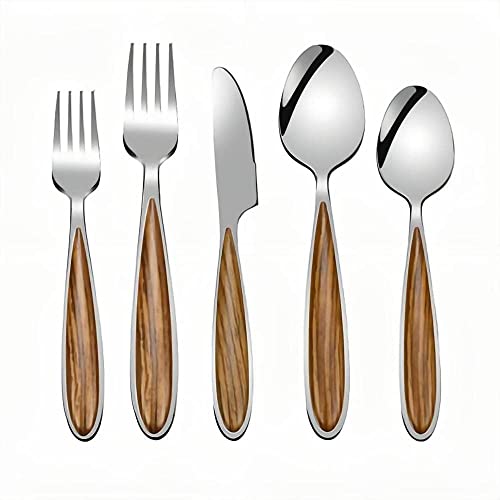 20-Piece Set - 304 Stainless Steel Silverware Cutlery Set Steak Knife Fork And Spoon Wood Grain Cutlery