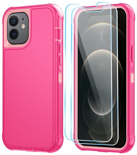 Image of SunStory Compatible with iPhone 12 /12 Pro Case with HD Screen Protector, 3-Layer Heavy Duty Full-Body Cover,3 in 1 Hybrid Protective Case for iPhone 12 /12 Pro 6.1 inch,PinkRed