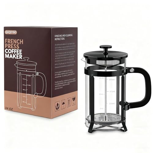 QUQIYSO French Press Coffee Maker 34oz 304 Stainless Steel French Press with 4 Filter, Heat Resistant Durable, Easy to Clean, Borosilicate Glass Coffee Press, 100% BPA Free Glass Teapot, Black
