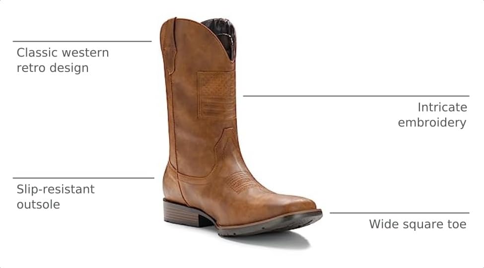 Image of IUV Cowboy Boots For Men Wide Western Boot Traditional American Flag Retro Square Toe Country Work Boots