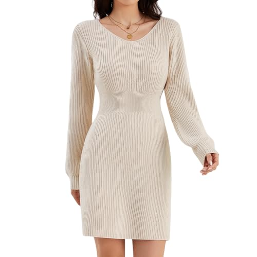 ZLIGXEA Frauen Strick Pullover Strickkleid Fall V-Ausschnitt Langarm Elegant Bodycon Winterkleid für Freizeitbekleidung Cocktail Partys Aprikose M