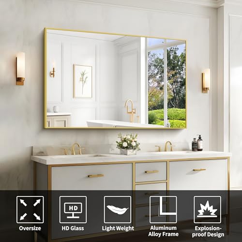 Image of COFENY Gold Bathroom Mirror for Wall, 60x36 Inch Rectangle Mirrors with Metal Frame, Modern Vanity Wall Mirror Decor for Bathroom Living Room, Entryway Hangs Horizontal or Vertical