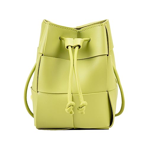 Women's Mini Woven Bucket Bag, Square Lattice Drawstring Leather Small Hobo Handbag Crossbody Handbags Soft Adjustable (Kiwi green)