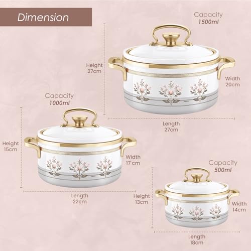 Image of Nayasa Rachel Casserole- Small Set of 3, 500, 1000, 1500 ML | BPA Free | Food Grade | Easy to Carry | Easy to Store | Hot Pot for Kitchen | Roti Box | White