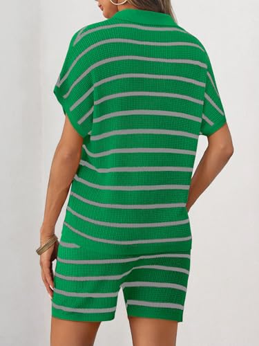 Image of Tankaneo Womens 2 Piece Outfits Striped Knit Summer Sets V Neck Short Sleeve Tops and Shorts Lounge Matching Set