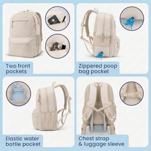 Image of Dog Travel Bag for Supplies - Complete Dog Diaper Bag Backpack with 2 BPA-Free Travel Bowls, Treat Pouch, Food Container, Placemat & Laptop Sleeve - for Traveling, Road Trips, Hiking: Beige