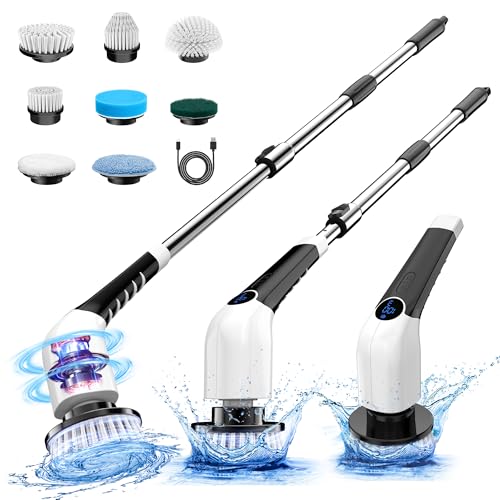 Image of KEIMI Electric Spin Scrubber, Cordless Shower Cleaning Brush with 8 Replaceable Brush Heads, 3 Speeds, Extension Handle, Digital Display, IPX7 Power Scrubber for Bathroom, Tub, Tile and Floor