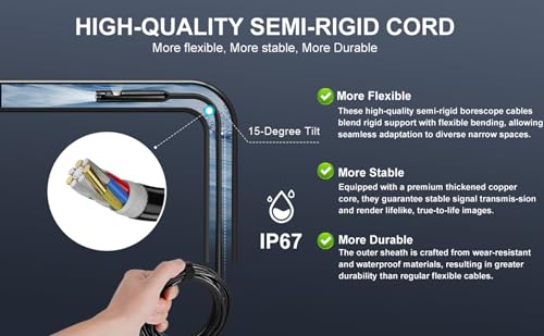 Cámara Endoscópica de Doble Lente con Luz, POLEDY 1920P HD Borescopio, 8 Luces LED Ajustables, Resistente al Agua IP67, Cámara de Serpiente de 5m, Cable Semirrígido para Inspección Compatible con Android e iOS miniatura 4