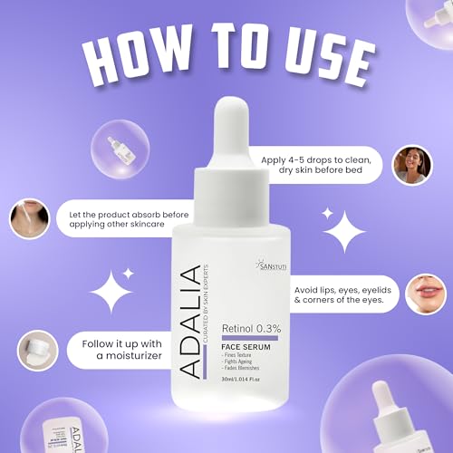 Image of Adalia Retinol 0.3% Face Serum for Fine Lines, Wrinkles, Blemishes & Dark Spots, Anti-Aging Night Serum for Smooth Skin Texture, Uneven Skin Tone & Dullness, Lightweight Fragrance-Free Formula for Women & Men, 30ml