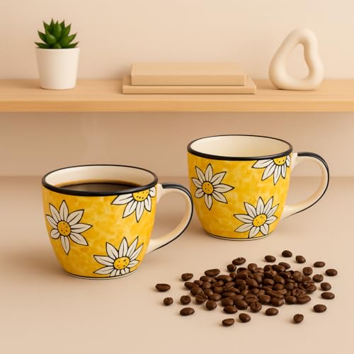 Image of KITTENS Ceramic Mug Set of 2 - 375ml | Yellow Floral Hand-Painted Design | Microwave & Dishwasher Safe | Food Grade Ceramic | Tea, Coffee, Snacks | Gift for Home, Office, Daily Use - Made in India
