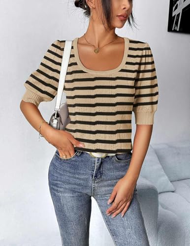Image of HOTOUCH Sweater for Women 2026 Fall Trendy Puff Tops Casual Eyelet Knit Square Neck Tunic Shirt Blouses Beige Black Stripe XXL