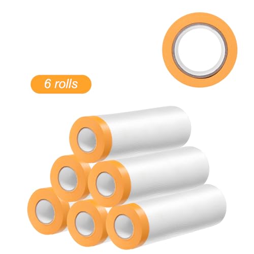 Image of HARFINGTON 6 Rolls Pre-Taped Masking Film 43.3 inch x65.6ft Tape and Drape Painters Plastic Drop Cloth Film with Tape Plastic Sheeting for Automotive Painting Covering