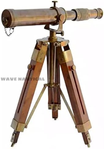 WAVE NAUTICAL - Antique Maritime Brass Telescope with Adjustable Tripod Stand Home Decorative Telescope Nautical with Stand Wooden Vintage Tripod Décor & Table Accessory Nautical Spyglass Home