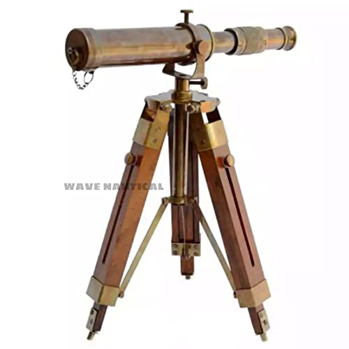 Wave Nautical - Antique Maritime Brass Telescope With Adjustable Tripod Stand Home Decorative Telescope Nautical With Stand Wooden Vintage Tripod Décor & Table Accessory Nautical Spyglass Home #TOP14