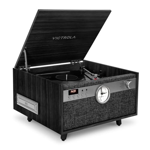 Victrola Century Signature+ Centro de música Bluetooth 6 en 1 con Reloj Negro