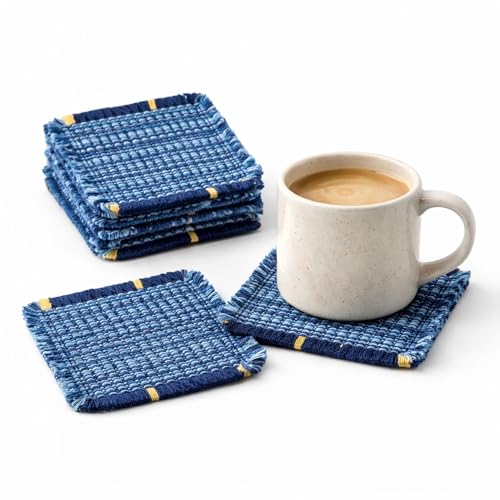 Boho Fabric Coasters for Home Decor Set of 6, Handcrafted Cotton Drink Coasters, Coastal Farmhouse Table Decor for Coffee, Tea & Cocktails, Housewarming Gift