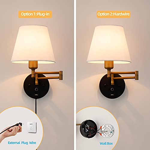 Pullcu Swing Arm Wall Lamp, Bedside Wall Lamp With Dimmable Switch And Usb Charging Port, Indoor Plug In Wall Sconces, Suitable Forbedroome,Living Room, Reading #TOP2