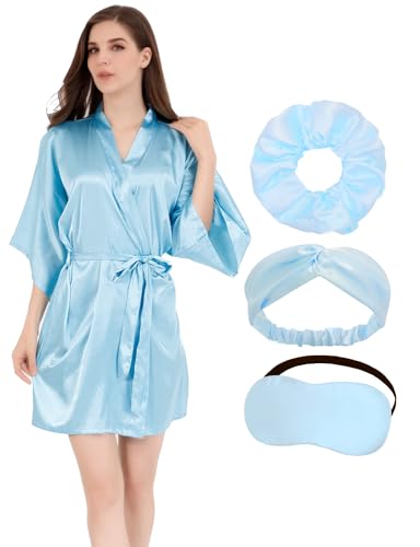 MORFORU Kimono-Bademantel für Damen, Brautjungfer, seidig, Satin, einfarbig, Nachtwäsche für Hochzeit, Party, kurz, hellblau, Small-Medium