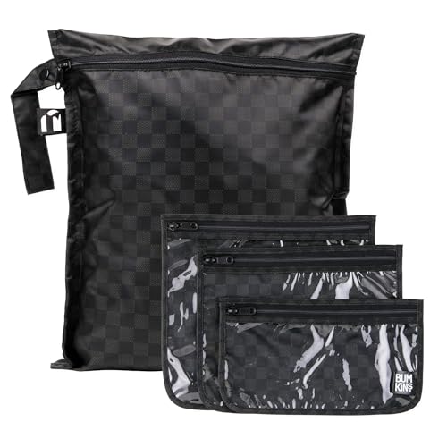 Image of Bumkins and Roamio - Waterproof Wet Bag & Clear Travel Bags - For Beach, Baby, Travel, Swim Suit, Cloth Diapers, Pump Parts, Pool, Gym, Toiletries - Reusable & Easy to Clean - Black Check - 4 Pack