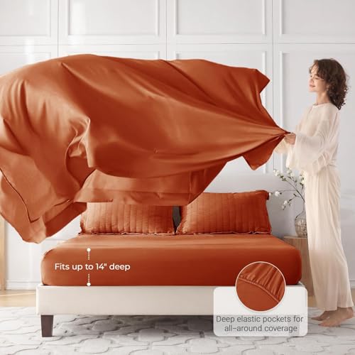 Image of MUXHOMO 7 Pieces King Comforter Set, Seersucker Bed in a Bag King Size, All Season Luxury Bedding Set with Comforter, Flat Sheet, Fitted Sheet, Pillowcases & Shams, Burnt Orange