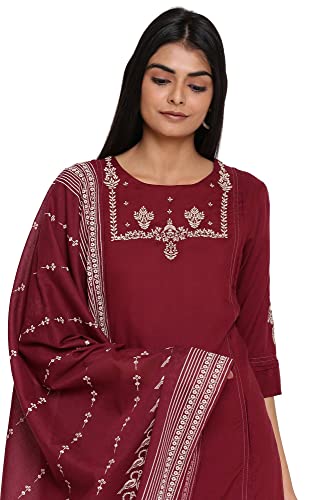 Image of Wishful By W Women Maroon Solid Straight Kurta-Parallel Pants-Dupatta Set