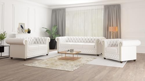 S-Style Möbel George Sofa 3-Sitzer Chesterfield-Sofa für Wohnzimmer Lounge Couch Aus Veganem Leder Möbel Freistehende Polster Sofas & Couches Couchgarnitur Weiß 203 x 86 x 72 cm – Bild 7
