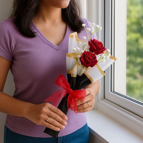 Image of SATYAM KRAFT 3 Pcs Artificial Flower Bouquet for Him Her Girlfriend Boyfriend Wife Husband | Romantic Decor for Anniversary, Wedding, Birthday, Home Decor (Rose Bouquet)