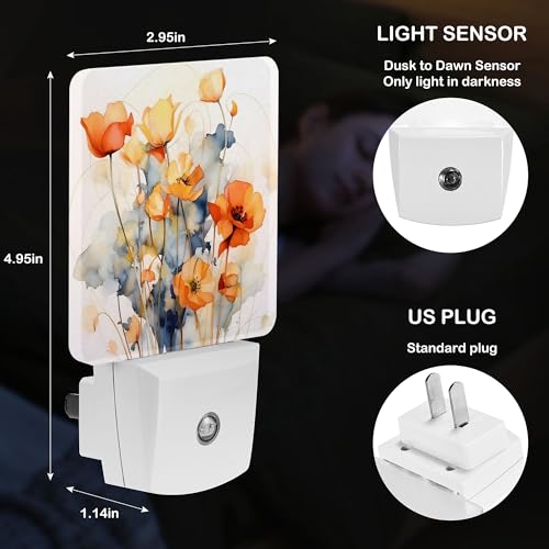 Image of LED Night Light Lamp with Smart Sensor Dusk to Dawn Sensor,Bright Orange Flowers Night Light Daylight White,0.5W Plug-into Wall for Adults,Bedroom,Bathroom,Hallway,Kitchen