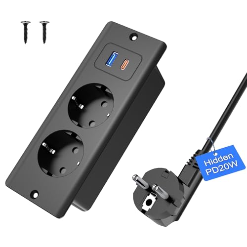 Enchufe empotrable con USB C 20 W, 2 enchufes de Mesa con USB A y Type-C, 4 en 1, Enchufe Triple Empotrado con Cable de extensión de 1,8 m, regleta empotrable para Oficina, Color Negro